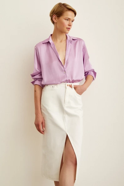 Basic Saten Gömlek Mor - Resim 5
