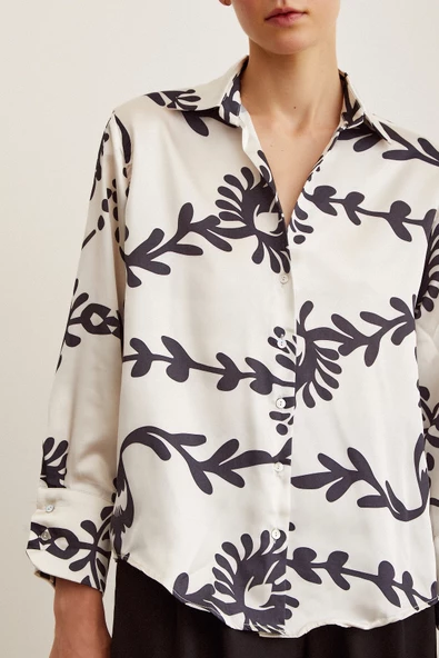 Desenli  Saten Gömlek Siyah - Resim 3