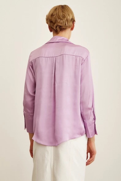 Basic Saten Gömlek Mor - Resim 2