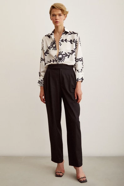 Desenli  Saten Gömlek Siyah - Resim 5