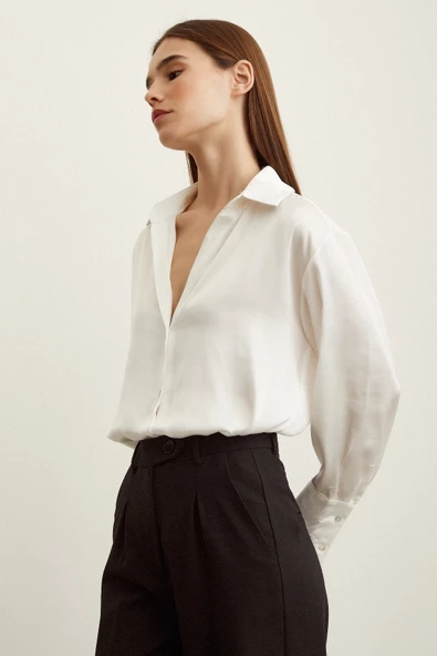 Basic Saten Gömlek Kırık Beyaz - Resim 5