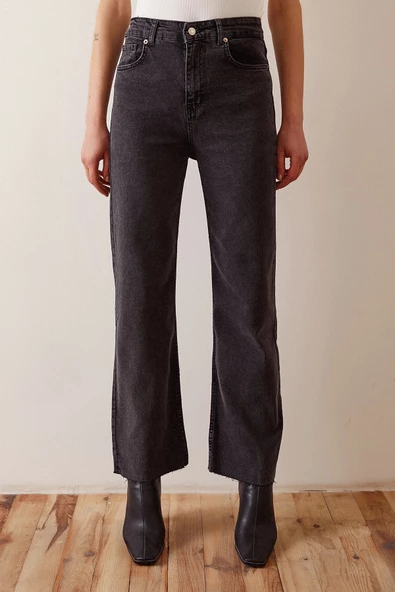 Kesik Paça Yüksek Bel Jean Siyah - Resim 3