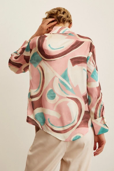 V Yaka Desenli Saten Gömlek Pembe - Resim 3