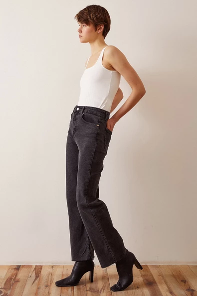 Kesik Paça Yüksek Bel Jean Siyah - Resim 2