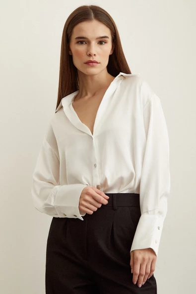 Basic Saten Gömlek Kırık Beyaz - Resim 6