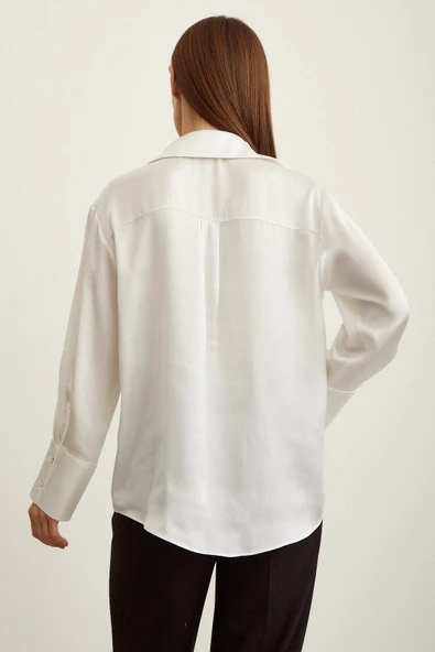 Basic Saten Gömlek Kırık Beyaz - Resim 3