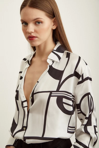 Çizgili Saten Gömlek Kemik - Resim 6