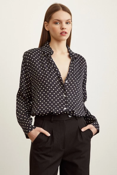 Puantiye Desenli Saten Gömlek Siyah - Resim 5