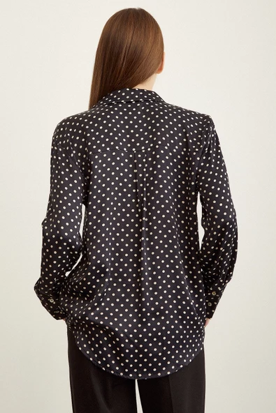 Puantiye Desenli Saten Gömlek Siyah - Resim 4