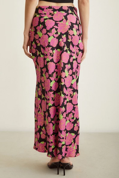 Gül Desenli Saten Etek Pembe - Resim 6