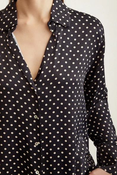 Puantiye Desenli Saten Gömlek Siyah - Resim 3