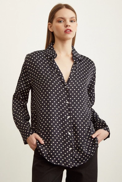 Puantiye Desenli Saten Gömlek Siyah - Resim 2
