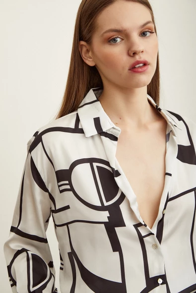 Çizgili Saten Gömlek Kemik - Resim 5