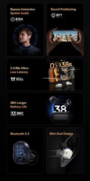 Baseus BT5.3V 3D Hifi Ses Destekli Mikrofonlu Bluetooth Kulaklık, Müzik, Oyun, Spor TWS Kulaklık - 3