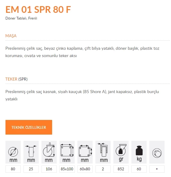 Emes EM01 SPR 80F Döner Tablalı Frenli Teker 80 mm 60 Kg - 2