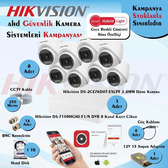 Hikvision Smart Hybrid Light AHD 8 Adet Dome Kamera 2 Mp Güvenlik Kamera Seti