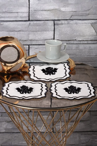 Liva Siyah 6lı Kokteyl Kahve Sunum Peçetesi Maraş Işi Sırma Nakış Işlemeli Sunumluk Peçete - 2