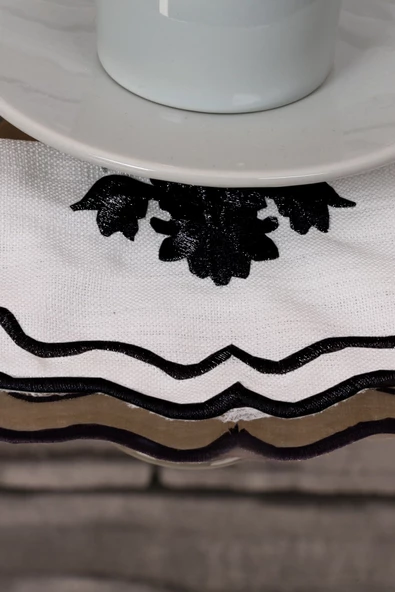 Liva Siyah 6lı Kokteyl Kahve Sunum Peçetesi Maraş Işi Sırma Nakış Işlemeli Sunumluk Peçete - 3