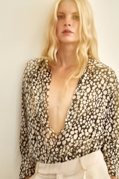 Puantiye Desenli Saten Gömlek Siyah - Resim 6