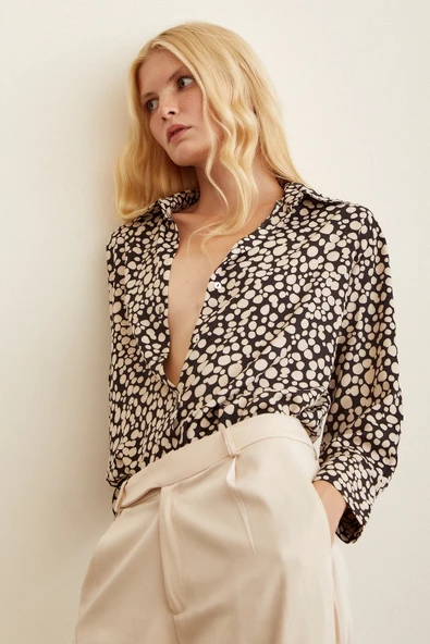 Puantiye Desenli Saten Gömlek Siyah - Resim 5