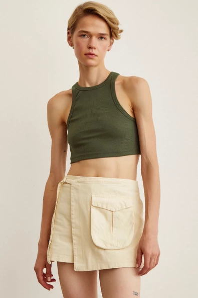 Kemer Detaylı Şort Etek Krem - Resim 2