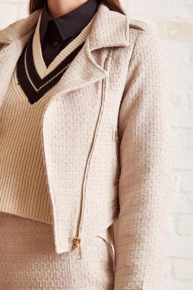 Astarlı Örme Kısa Ceket Krem - 5