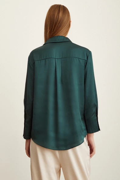 Basic Saten Gömlek Koyu Yeşil - Resim 4