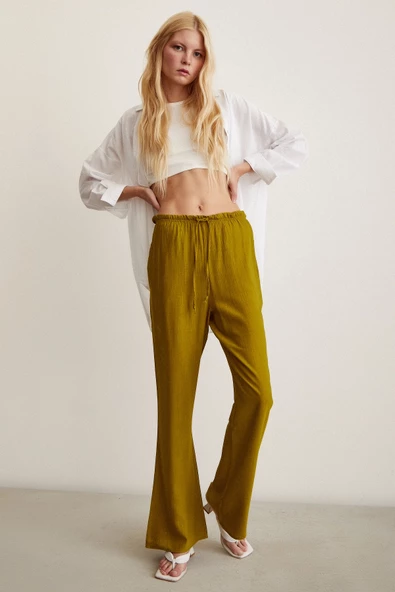 Beli Lastikli Biyeli Yüksek Bel Pantolon Yağ Yeşili - Resim 3