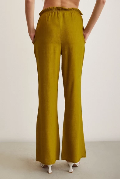 Beli Lastikli Biyeli Yüksek Bel Pantolon Yağ Yeşili - Resim 6