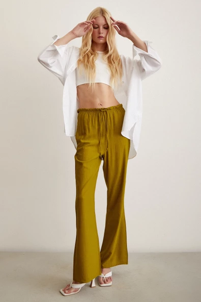 Beli Lastikli Biyeli Yüksek Bel Pantolon Yağ Yeşili - Resim 2