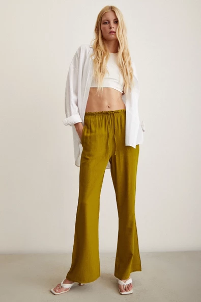 Beli Lastikli Biyeli Yüksek Bel Pantolon Yağ Yeşili - Resim 4