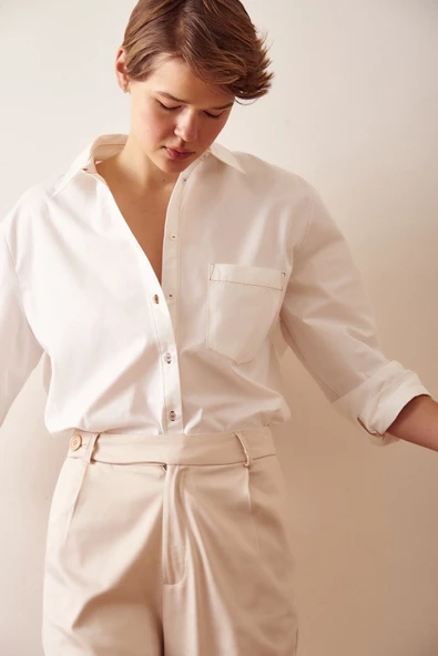 Pamuklu Klasik Gömlek Ekru - Resim 3