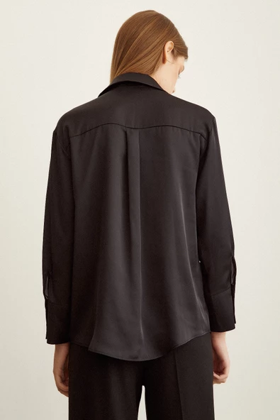 Basic Saten Gömlek Siyah - Resim 4