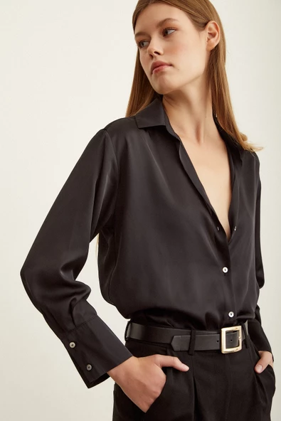 Basic Saten Gömlek Siyah - Resim 6