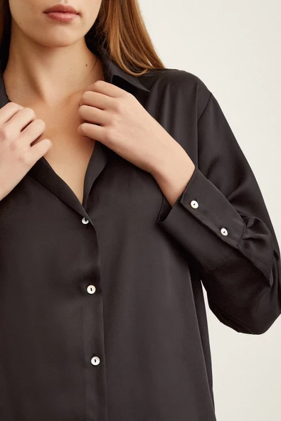 Basic Saten Gömlek Siyah - Resim 3