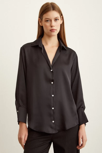 Basic Saten Gömlek Siyah - Resim 2