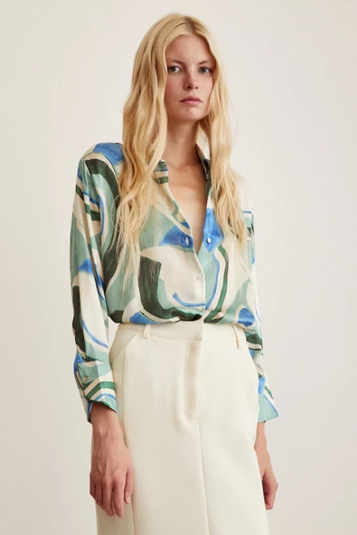 V Yaka Desenli Saten Gömlek Mavi - Resim 5