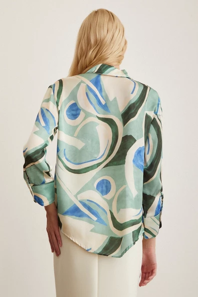 V Yaka Desenli Saten Gömlek Mavi - Resim 4