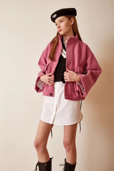Cep Detaylı Bağcıklı Crop Ceket Pembe - 3