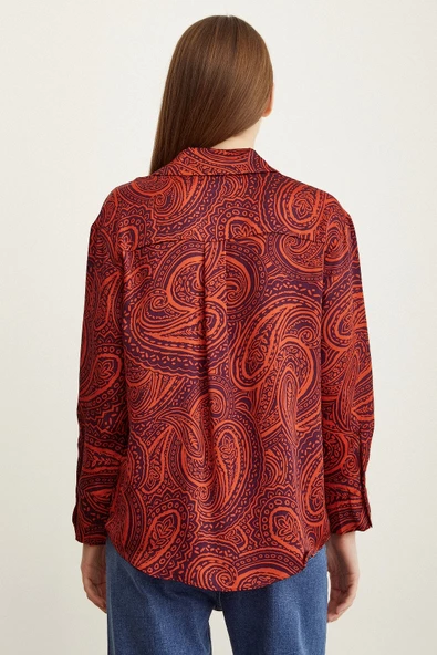 Desenli Saten Gömlek Turuncu - Resim 3