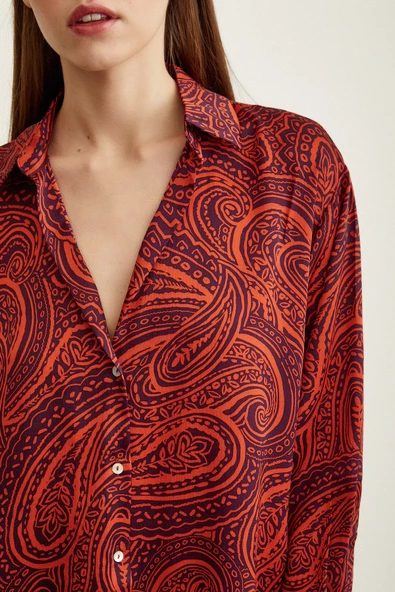 Desenli Saten Gömlek Turuncu - Resim 2