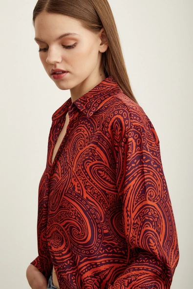 Desenli Saten Gömlek Turuncu - Resim 6