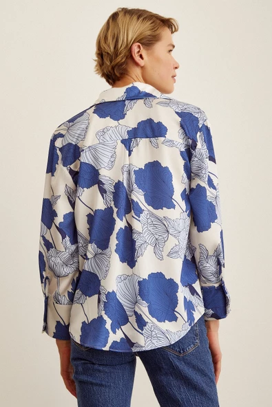 V Yaka Saten Gömlek Mavi - Resim 4