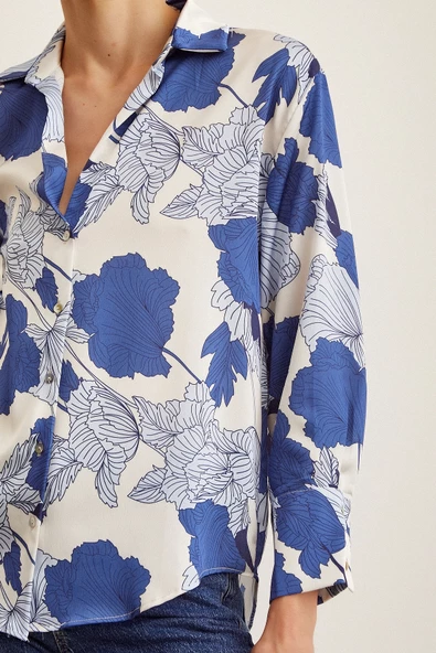 V Yaka Saten Gömlek Mavi - Resim 3