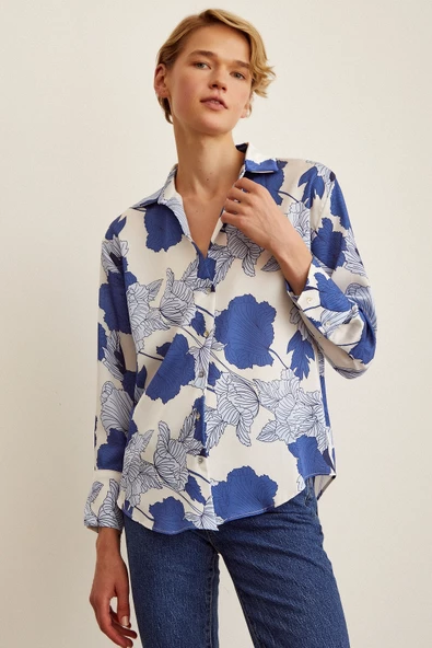 V Yaka Saten Gömlek Mavi - Resim 2