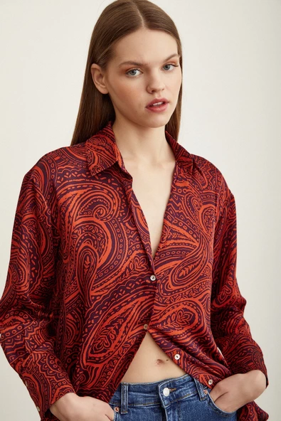 Desenli Saten Gömlek Turuncu - Resim 5