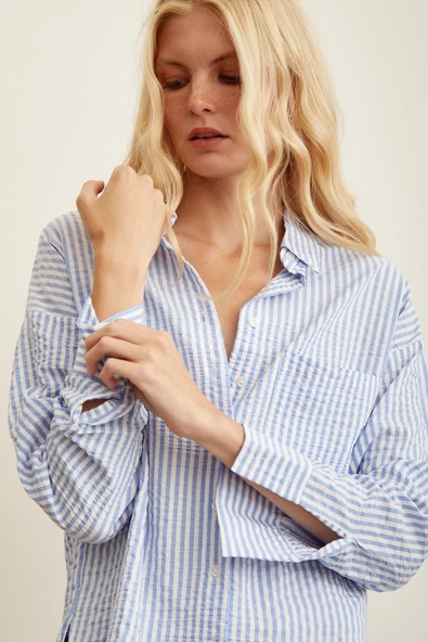 Çizgili Gömlek Mavi - Resim 2