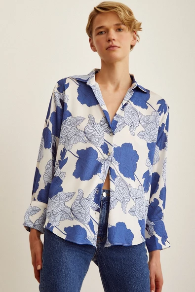 V Yaka Saten Gömlek Mavi - Resim 6