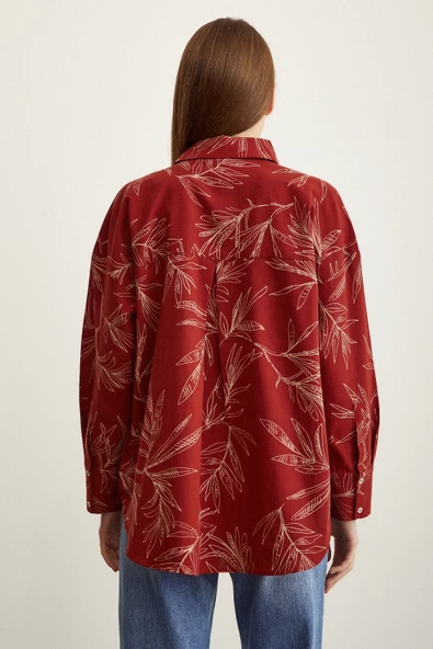 Çiçek Desenli Poplin Gömlek Kiremit - Resim 4