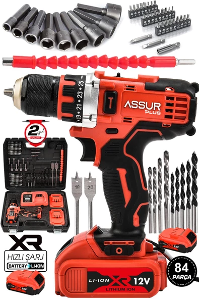 Assur Plus 12V 2Ah Şarjlı Matkap Darbesiz Metal Şanzuman Bakır Sargılı Çift Akülü 84 Parça Set Hediyeli Kırmızı